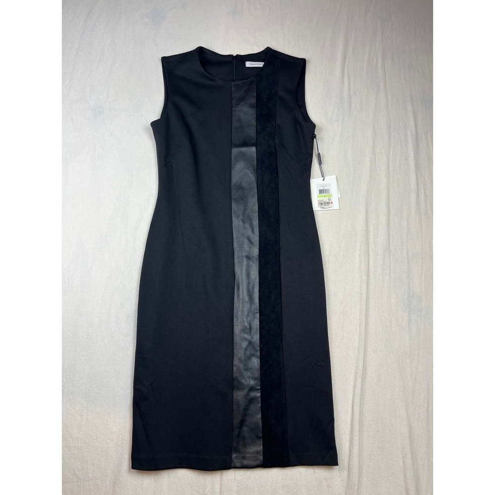 Calvin Klein Womens Black Faux Leather Suede Panel Sheath Dress Size 4 NEW